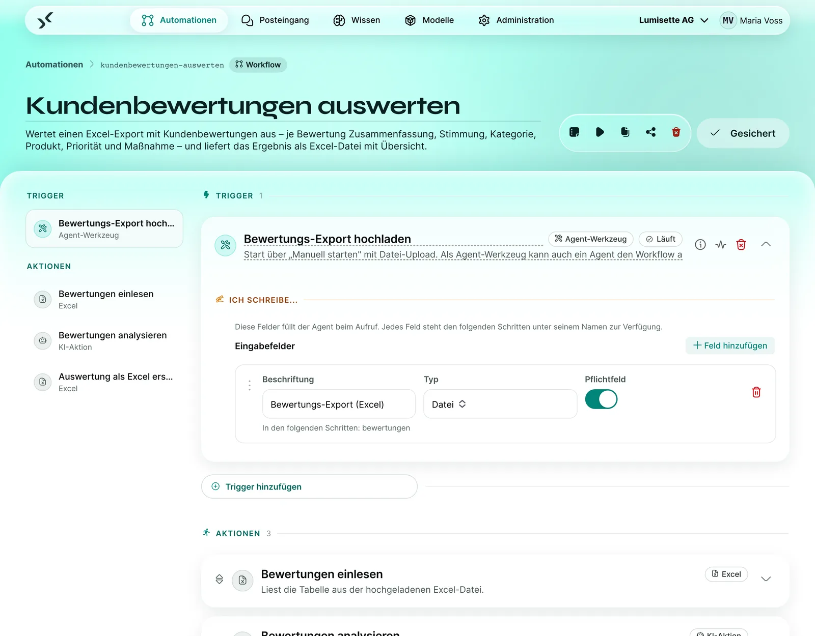 Workflow im Editor des schnell.digital AI Kit: Auslöser und Aktionen eines Ablaufs, in eigenen Worten beschrieben
